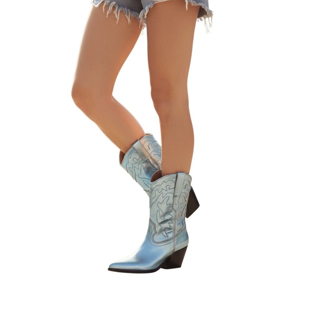 Dolce Vita Landen Western Boots Metallic Blue Womens 8‎ Leather Mid Calf Pull On